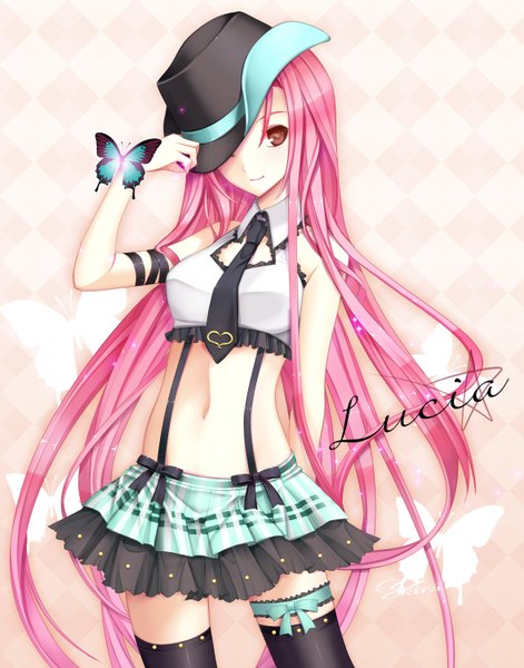 Anime picture 1178x1500 with pangya lucia yuuki kira long hair tall image white background brown eyes pink hair girl thighhighs hat miniskirt necktie insect butterfly