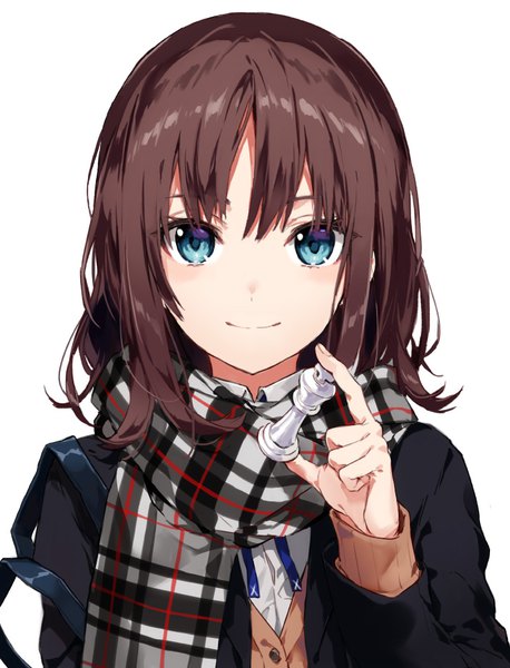 Anime picture 713x934 with original arisaka ako single tall image looking at viewer fringe short hair blue eyes simple background smile brown hair white background holding upper body girl uniform school uniform scarf bag shoulder bag
