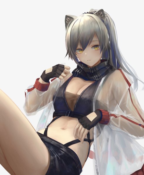 Anime picture 2355x2870 with arknights schwarz (arknights) 7ife single long hair tall image looking at viewer blush fringe highres breasts light erotic simple background hair between eyes large breasts white background sitting animal ears yellow eyes payot