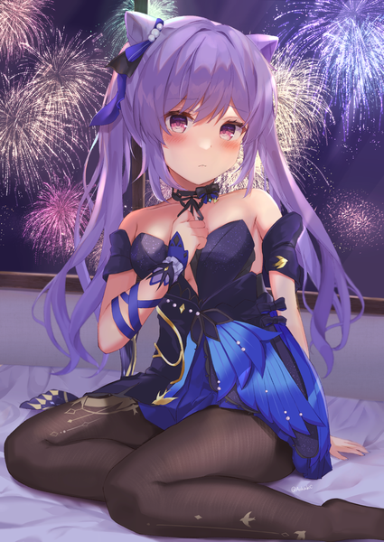 Anime picture 1417x2000 with genshin impact keqing (genshin impact) keqing (opulent splendor) (genshin impact) aokabi (aokabic) single long hair tall image looking at viewer blush fringe sitting twintails bare shoulders signed payot purple hair indoors head tilt pink eyes night