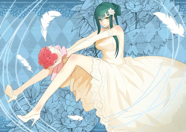 Anime picture 1380x980 with border break (game) damegane single long hair green eyes blue hair braid (braids) girl dress gloves hair ornament flower (flowers) elbow gloves white gloves feather (feathers) bouquet