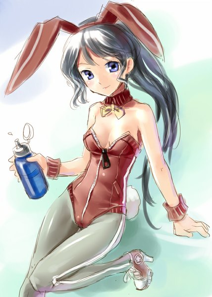 Anime picture 642x900 with original katahira masashi single long hair tall image looking at viewer breasts blue eyes light erotic bare shoulders light smile grey hair high heels sketch girl pantyhose wrist cuffs bunnysuit bottle