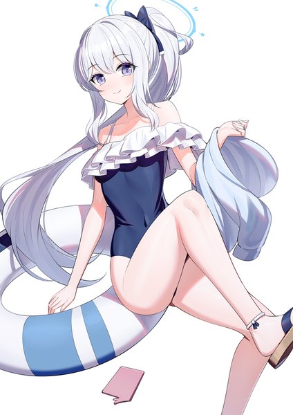 Anime picture 900x1273 with blue archive miyako (blue archive) miyako (swimsuit) (blue archive) ririko (zhuoyandesailaer) single long hair tall image looking at viewer fringe light erotic simple background smile hair between eyes white background purple eyes silver hair ponytail official alternate costume covered navel girl