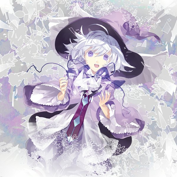 Anime-Bild 1000x1000 mit original shionty single short hair open mouth purple eyes silver hair ahoge grey background wide sleeves dutch angle girl hat witch hat debris