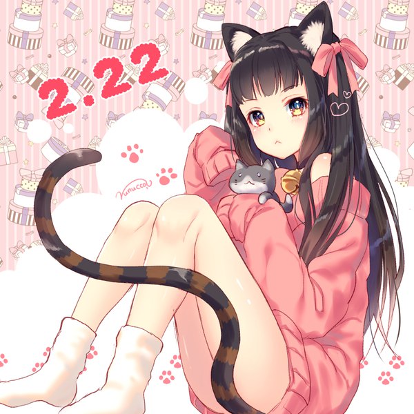 Anime picture 868x868 with original nunucco single long hair looking at viewer blush fringe light erotic black hair simple background sitting bare shoulders holding signed animal ears yellow eyes tail animal tail cat ears off shoulder