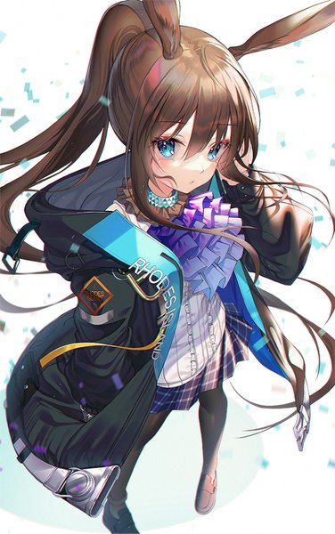 Anime picture 700x1115 with arknights amiya (arknights) kinty single long hair tall image blush fringe blue eyes simple background hair between eyes brown hair standing white background animal ears payot looking away ponytail arm up from above