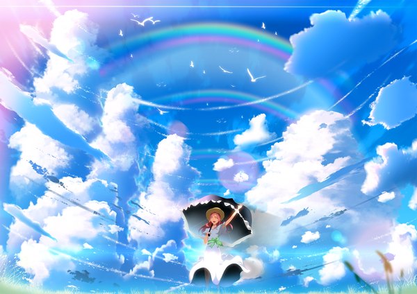 Anime picture 2000x1414 with original skyt2 single long hair highres open mouth standing pink hair sky cloud (clouds) sunlight outstretched arm happy flying girl dress ribbon (ribbons) bow hat animal