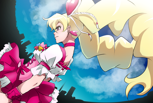 Anime-Bild 2039x1378 mit precure fresh precure! toei animation momozono love cure peach ao mikan single long hair highres blonde hair twintails looking away sky cloud (clouds) profile pink eyes wind puffy sleeves magical girl girl