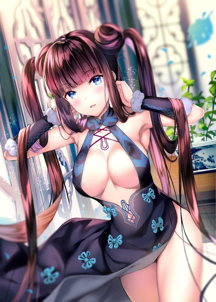 Anime picture 800x1116 with fate (series) fate/grand order yang guifei (fate) rei (rei's room) single tall image looking at viewer blush fringe breasts open mouth blue eyes light erotic black hair large breasts standing twintails payot cleavage outdoors