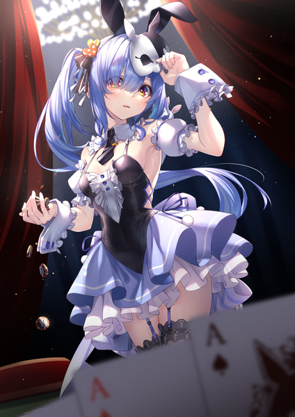 Anime picture 1736x2456 with virtual youtuber hololive usada pekora don-chan (usada pekora) usada pekora (furi furi bunny dress) tsurupy single long hair tall image looking at viewer blush fringe highres open mouth light erotic red eyes standing animal ears blue hair ponytail