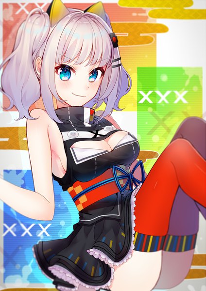 Anime picture 1271x1800 with virtual youtuber the moon studio kaguya luna kawachi rin single tall image looking at viewer blush short hair breasts blue eyes light erotic simple background smile sitting twintails payot cleavage silver hair bent knee (knees)