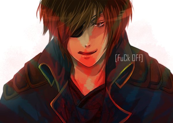 Anime picture 3504x2488 with sengoku basara production i.g date masamune rox_chan (artist) single highres short hair red eyes brown hair absurdres portrait face licking boy tongue eyepatch