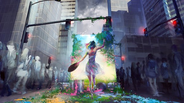 イラスト 1750x984 と オリジナル yuumei highres 短い髪 wide image 立つ holding 空 cloud (clouds) 全身 bent knee (knees) outdoors multicolored hair arm up from behind city watermark solo focus no face drawing