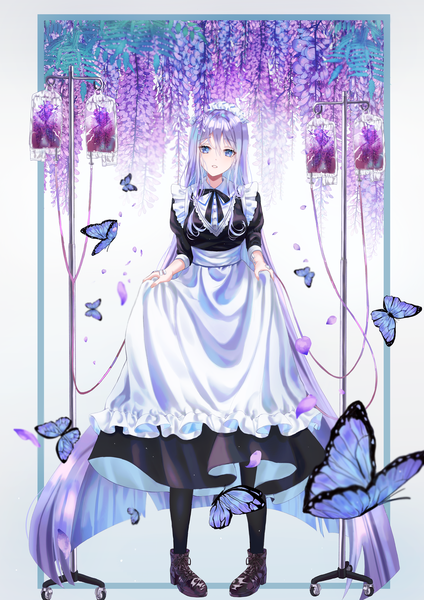 Anime picture 2480x3508 with original boori988 single tall image fringe highres blue eyes hair between eyes standing purple hair full body very long hair parted lips head tilt maid puffy sleeves border gradient hair outside border dress lift