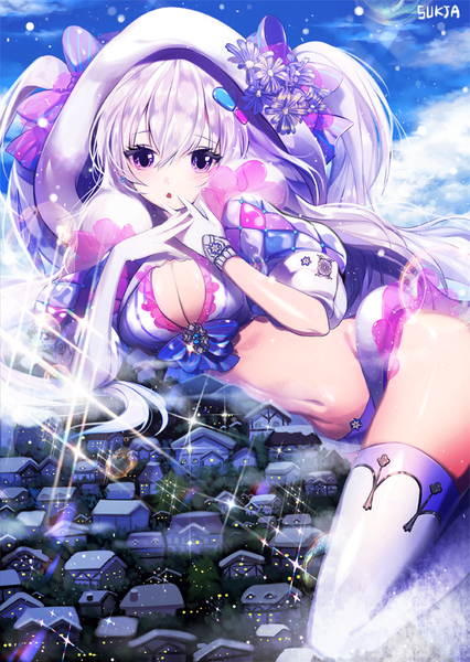 Anime picture 600x844 with original sorolp single long hair tall image looking at viewer blush fringe breasts open mouth light erotic hair between eyes purple eyes twintails signed sky purple hair cloud (clouds) bent knee (knees) bare belly