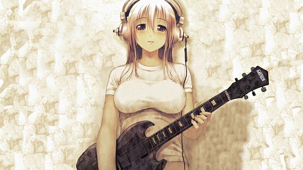 Anime picture 1024x576 with nitroplus super sonico fairymark single long hair looking at viewer blush fringe breasts wide image large breasts standing holding brown eyes girl headphones t-shirt guitar