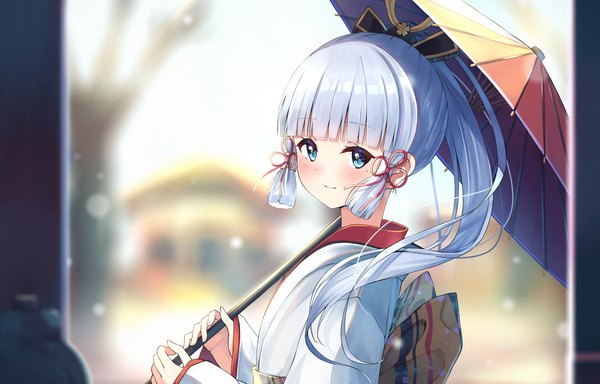 Anime picture 2048x1310 with genshin impact kamisato ayaka n2 (yf33) single long hair looking at viewer blush fringe highres blue eyes silver hair upper body ponytail blunt bangs traditional clothes japanese clothes light smile blurry mole mole under eye