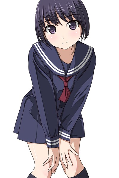 Anime picture 800x1200 with original matsunaga kouyou single tall image looking at viewer fringe short hair black hair simple background smile white background black eyes leaning leaning forward girl uniform serafuku