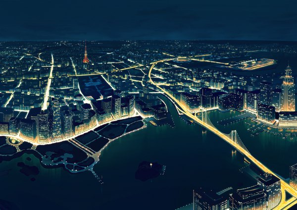 Anime picture 2000x1414 with original yumemizuki highres night night sky city horizon cityscape no people scenic city lights water building (buildings) bridge tokyo tower dock