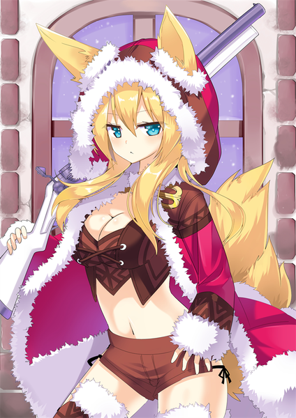 Anime picture 707x1000 with momoiro taisen pairon original nyori single long hair tall image looking at viewer blush fringe breasts light erotic blonde hair hair between eyes large breasts standing holding animal ears payot cleavage tail