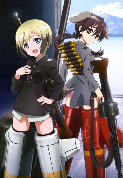 Anime picture 4092x5931 with strike witches nyantype erica hartmann gertrud barkhorn long hair tall image highres short hair open mouth blue eyes light erotic black hair blonde hair multiple girls brown eyes animal ears absurdres tail animal tail official art
