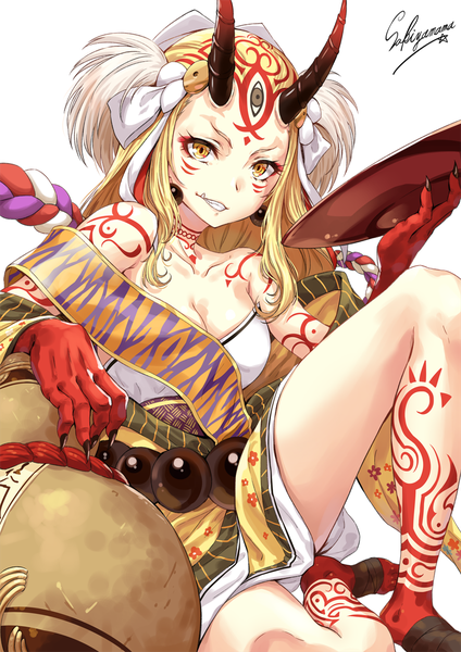 Anime picture 800x1131 with fate (series) fate/grand order ibaraki douji (fate) sakiyamama single long hair tall image looking at viewer breasts light erotic simple background blonde hair white background sitting bare shoulders holding signed yellow eyes cleavage traditional clothes