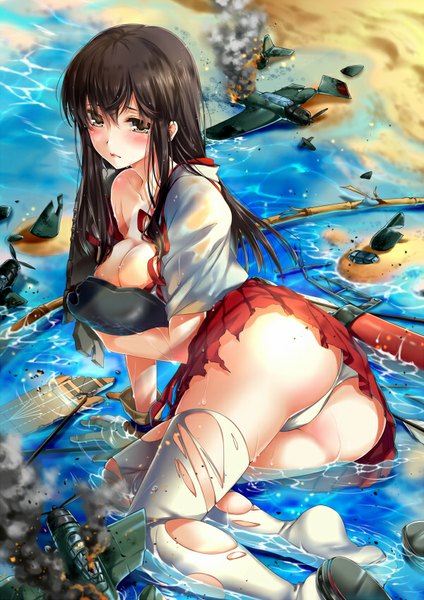 Anime picture 600x848 with kantai collection akagi aircraft carrier kingchenxi single long hair tall image looking at viewer blush fringe breasts light erotic black hair large breasts bare shoulders brown eyes bent knee (knees) no shoes torn clothes smoke reclining