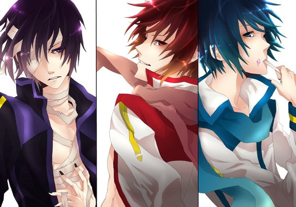 Anime picture 1000x701 with vocaloid kaito (vocaloid) akaito taito (vocaloid) kyo zip short hair open mouth blue eyes simple background smile red eyes white background purple eyes blue hair purple hair red hair nail polish multiple boys multiview bandage over one eye