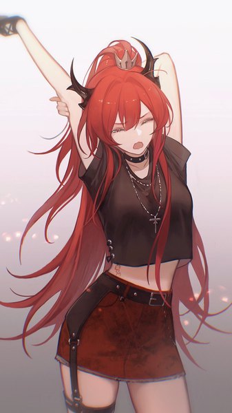 Anime picture 1080x1920 with arknights surtr (arknights) surtr (liberte echec) (arknights) guiguqingming single long hair tall image fringe breasts open mouth simple background standing red hair eyes closed horn (horns) off shoulder arms up short sleeves midriff holding arm