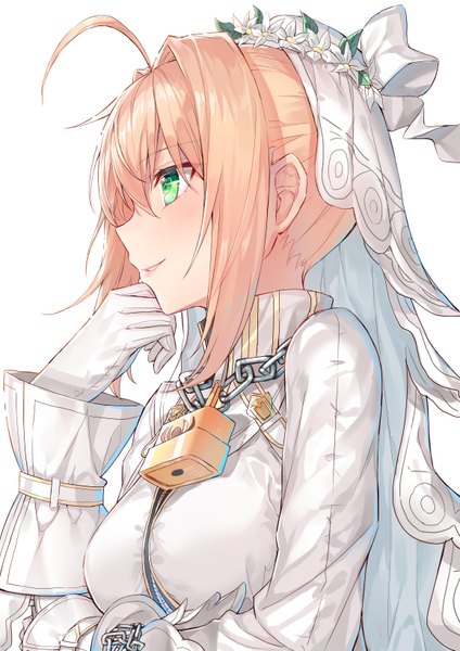 Anime picture 579x819 with fate (series) fate/extra fate/extra ccc nero claudius (fate) (all) nero claudius (bride) (fate) hakuishi aoi single tall image blush fringe short hair breasts simple background blonde hair hair between eyes white background green eyes payot looking away upper body