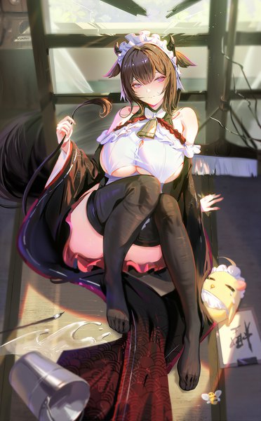 Anime picture 998x1610 with azur lane manjuu (azur lane) kashino (azur lane) kashino (maid for mayhem) (azur lane) dongfangzhong111 single tall image looking at viewer fringe breasts light erotic hair between eyes brown hair large breasts sitting purple eyes bare shoulders holding animal ears full body