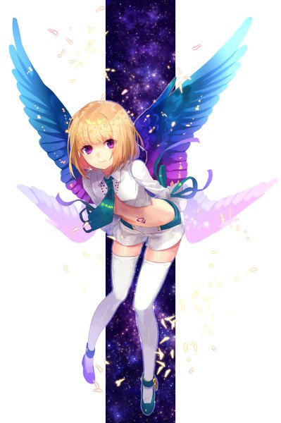 Anime picture 894x1344 with beatmania beatmania iidx rche (beatmania) yusano single tall image looking at viewer short hair blonde hair purple eyes leaning leaning forward girl thighhighs ribbon (ribbons) petals white thighhighs wings necktie shorts