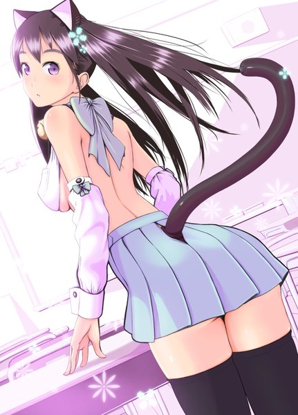 Anime picture 2646x3679 with original nanahime (aoi) long hair tall image highres light erotic black hair purple eyes animal ears tail looking back from behind cat ears cat girl cat tail back girl bow detached sleeves
