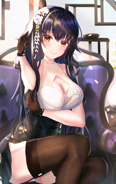Anime picture 1141x1800 with azur lane azuma (azur lane) azuma (soft voice of spring) (azur lane) panipo2501 single long hair tall image looking at viewer blush fringe breasts light erotic black hair smile hair between eyes large breasts sitting bare shoulders payot cleavage