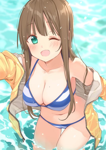 Anime picture 1000x1414 with original maigoyaki single long hair tall image looking at viewer blush fringe breasts open mouth light erotic smile brown hair large breasts standing one eye closed aqua eyes wink off shoulder mole