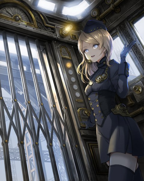 Anime-Bild 1050x1315 mit original ume (illegal bible) single long hair tall image looking at viewer fringe breasts open mouth blue eyes blonde hair standing indoors long sleeves arm up dutch angle zettai ryouiki underbust steam punk girl