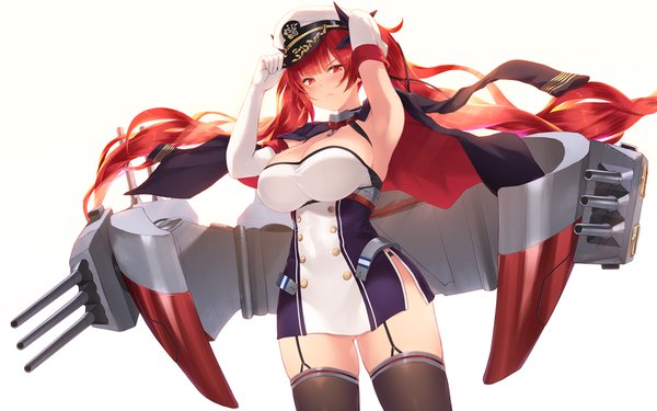 Anime picture 1920x1200 with azur lane honolulu (azur lane) cait single long hair looking at viewer blush fringe highres breasts light erotic simple background red eyes large breasts standing white background twintails cleavage red hair arms up