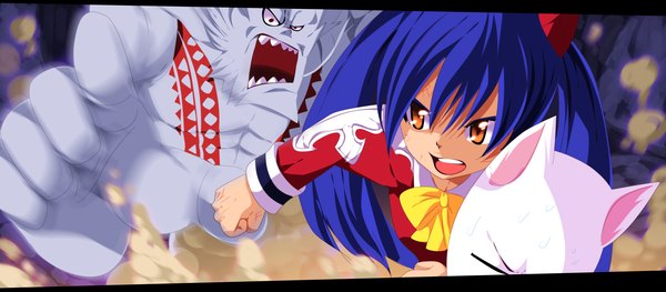 Anime picture 3650x1600 with fairy tail wendy marvell charle (fairy tail) tongasart long hair highres open mouth wide image twintails blue hair eyes closed black eyes orange eyes loli coloring letterboxed dust girl uniform school uniform