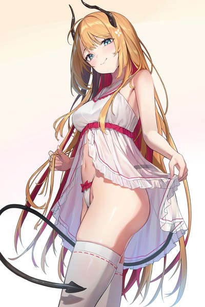 Anime picture 1333x2000 with original refla single long hair tall image looking at viewer blush fringe breasts light erotic simple background blonde hair smile standing green eyes ahoge ass tail blunt bangs multicolored hair