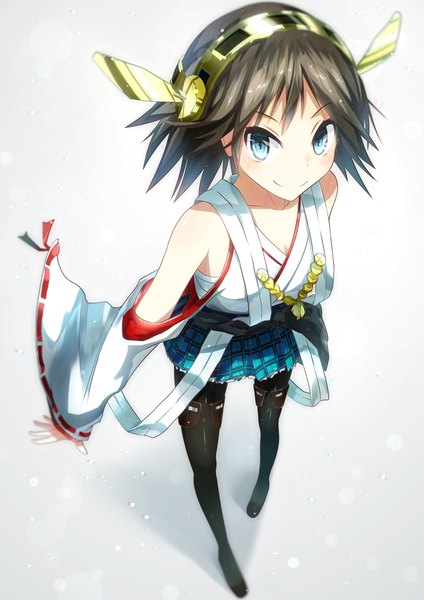 Anime picture 1060x1500 with kantai collection hiei battleship sune (mugendai) tall image looking at viewer blush short hair blue eyes black hair simple background smile white background full body traditional clothes nontraditional miko girl skirt hair ornament detached sleeves thigh boots