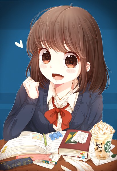 Anime picture 1100x1600 with original starbucks umeno (shio1205) single tall image blush short hair open mouth brown hair brown eyes girl food sweets book (books) ice cream disposable cup coffee