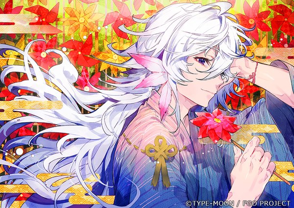 Anime picture 875x619 with fate (series) fate/grand order merlin (fate) mika pikazo single long hair fringe hair between eyes purple eyes silver hair upper body traditional clothes japanese clothes profile official art egasumi seigaiha boy yukata pinwheel