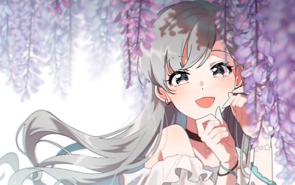 Anime picture 1590x1000 with idolmaster idolmaster cinderella girls idolmaster cinderella girls starlight stage hisakawa hayate sake dong single long hair looking at viewer open mouth upper body outdoors :d grey hair black eyes girl flower (flowers) earrings choker bracelet wisteria