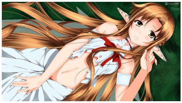 Anime picture 1397x794 with sword art online a-1 pictures yuuki asuna titania (alo) chuloc (artist) single long hair blush light erotic brown hair wide image bare shoulders brown eyes lying pointy ears coloring framed girl plant (plants) grass