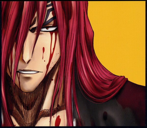 Anime picture 1670x1450 with bleach studio pierrot abarai renji single long hair looking at viewer fringe simple background red eyes red hair hair over one eye tattoo portrait face yellow background face paint boy blood