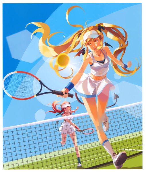 Anime picture 4496x5303 with original vofan long hair tall image fringe highres blonde hair brown hair twintails brown eyes yellow eyes absurdres ponytail tail scan demon tail playing sports tennis skirt uniform