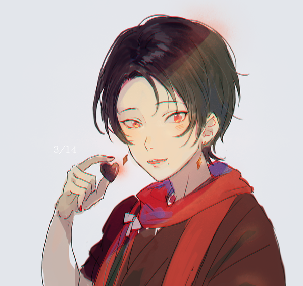 Anime picture 1871x1767 with touken ranbu nitroplus kashuu kiyomitsu kurusu awa single looking at viewer blush highres short hair open mouth black hair simple background red eyes holding upper body nail polish traditional clothes japanese clothes grey background dated