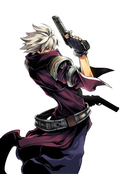 Anime picture 1591x2046 with dungeon and fighter single tall image short hair simple background white background green eyes looking away silver hair back boy gloves weapon belt gun pistol