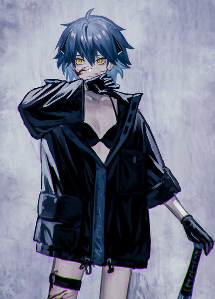 Anime picture 1200x1666 with original ccakira000 single tall image fringe short hair light erotic simple background hair between eyes standing yellow eyes blue hair looking away blood on face girl gloves black gloves jacket lingerie bra