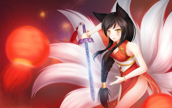 Anime picture 1920x1200 with league of legends ahri (league of legends) ricegnat single long hair highres open mouth black hair wide image bare shoulders animal ears yellow eyes braid (braids) nail polish animal tail facial mark chinese clothes multiple tails whisker markings girl
